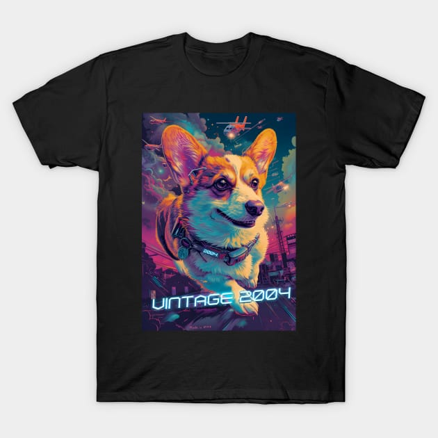 Vintage 2004 - 20 Year Old Funny Cyberpunk Corgi Dog 20th Birthday T-Shirt by Ai Wanderer